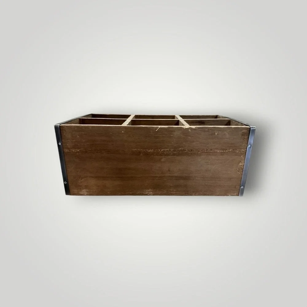 Standard General Store Organizer Box Brown Wood 6-Slot Rustic Metal Apothecary